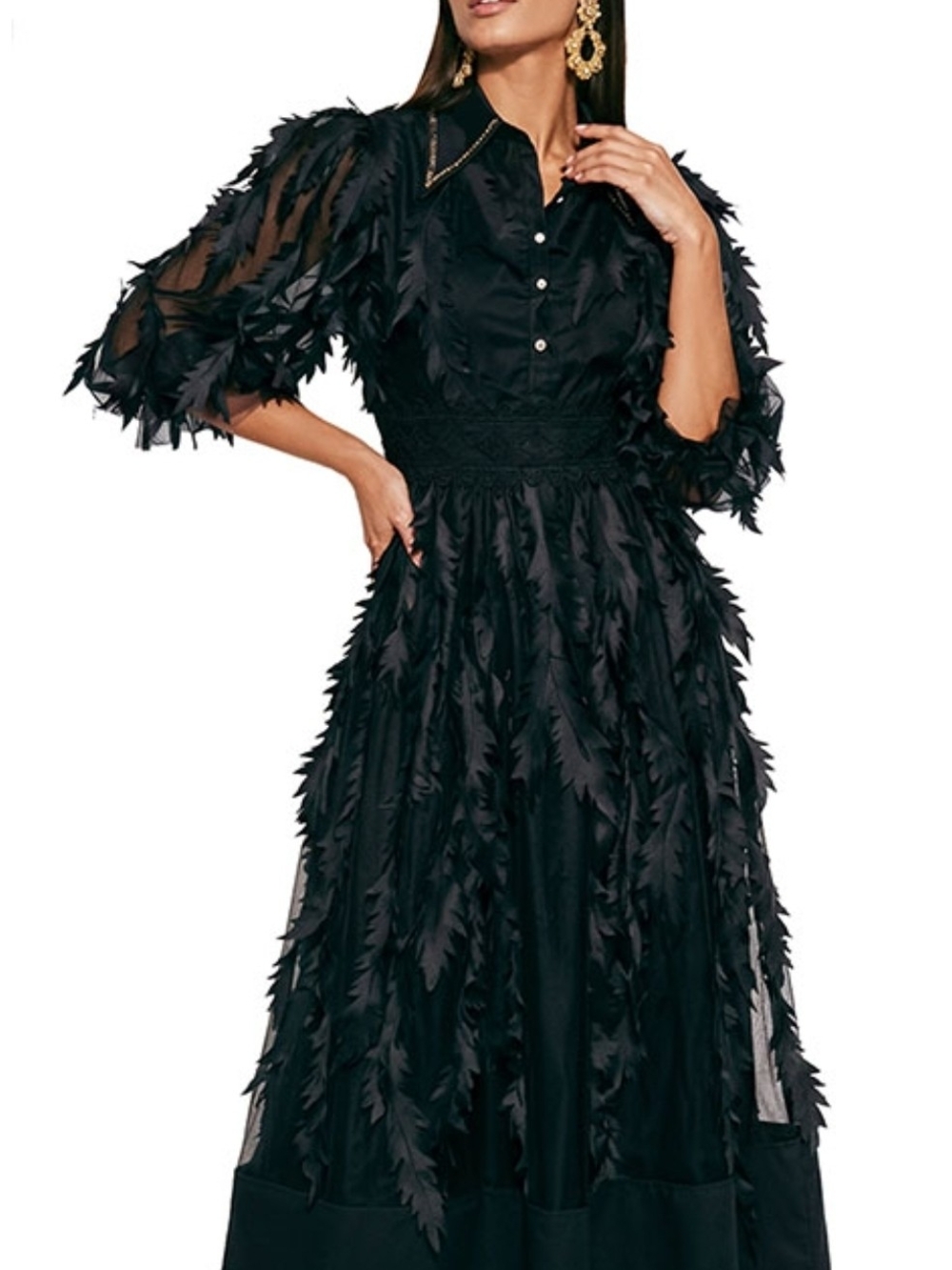 Elegant Black Feather-Accent Maxi Dress - Women's